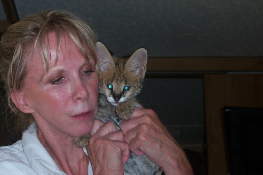 Bonnie holding a serval kitten to her cheek