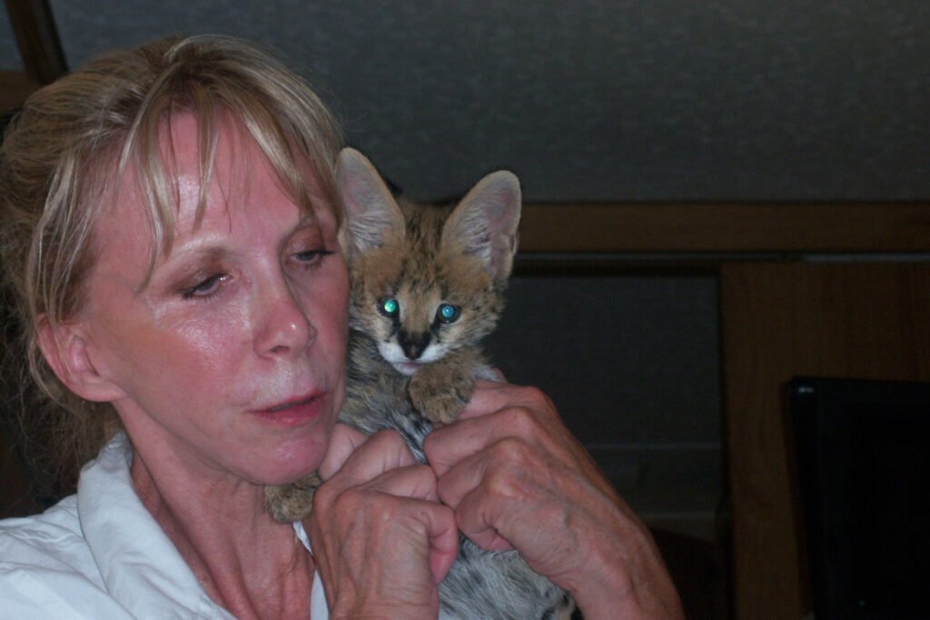 Bonnie holding a serval kitten to her cheek